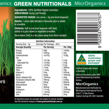 Green Nutritionals Australian 100% Organic Wheatgrass 200g powder