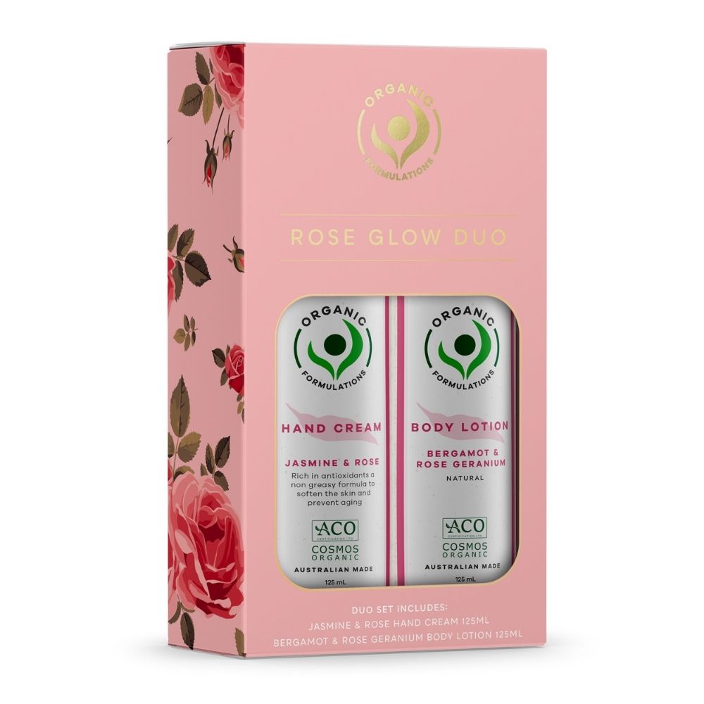 Organic Formulations Rose Glow Duo Gift Pack - Jasmine & Rose Hand Cream 125mL and Bergamot & Rose Geranium Body Lotion 125mL