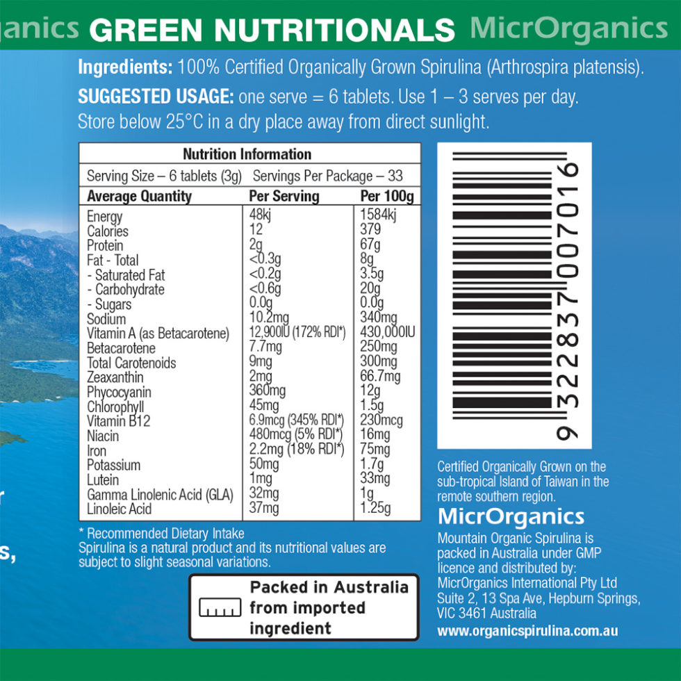 Green Nutritionals Mountain Organic Spirulina Martin & Pleasance