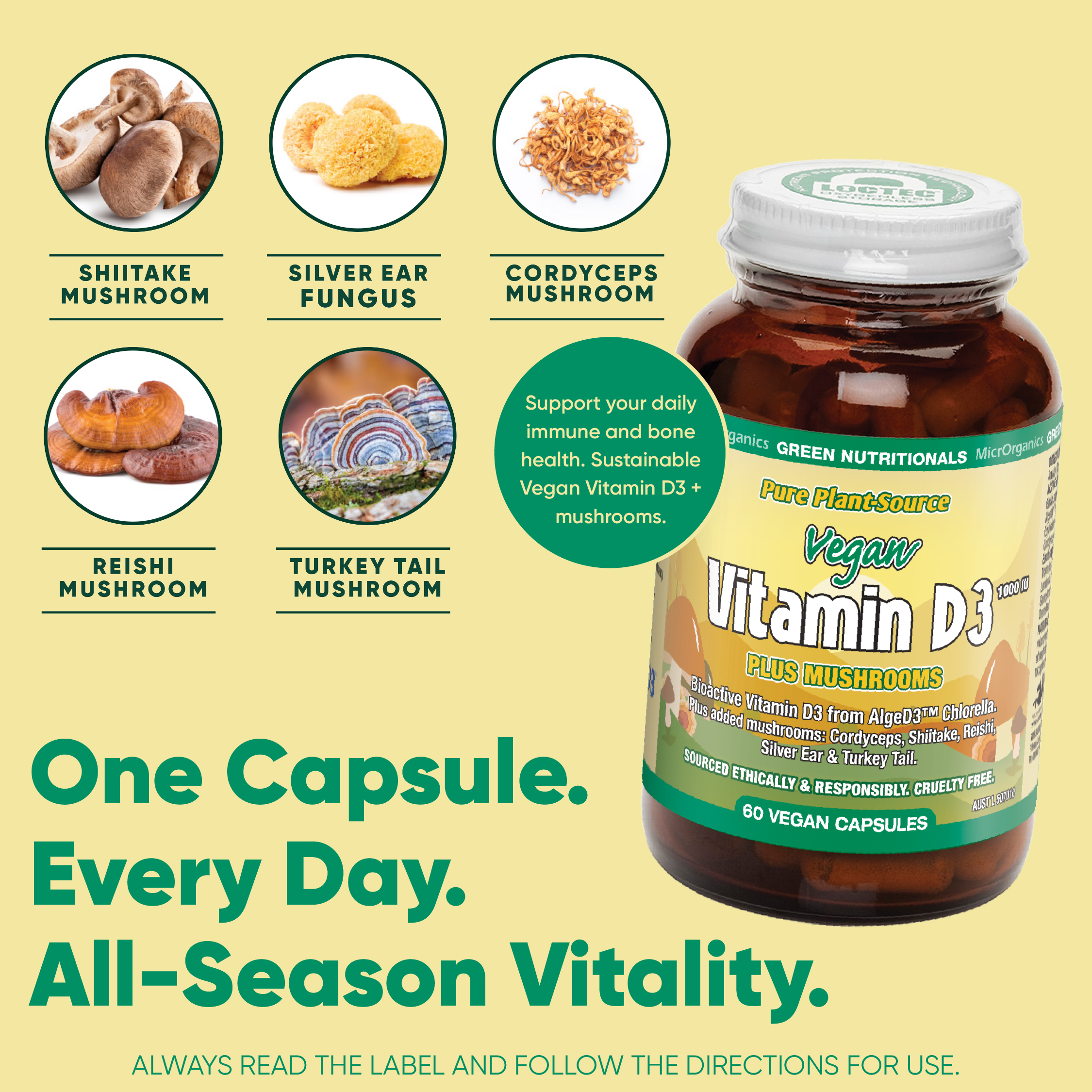 Green Nutritionals Vegan Vitamin D3 1000IU + Mushrooms 60 Capsules - Image 6